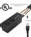 Recessed Conference Table Power Strip With USB Ports, Desktop Charging Station, 2 Outlets And 3 USB Ports, 6.5 Ft Cord shown