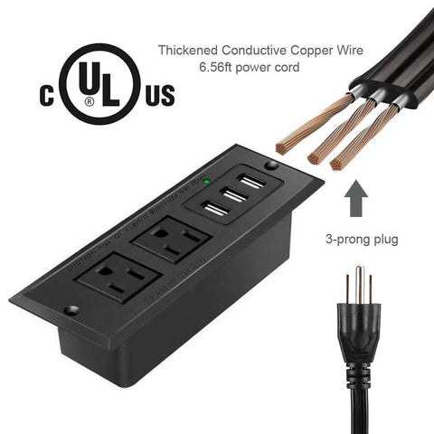 Recessed Conference Table Power Strip With USB Ports, Desktop Charging Station, 2 Outlets And 3 USB Ports, 6.5 Ft Cord shown