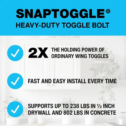 SnapToggle BA Toggle Anchor For 3/8 To 3-5/8 Inch Hollow Walls, Zinc-Plated Steel Channel, Easy Install, 2x strength text