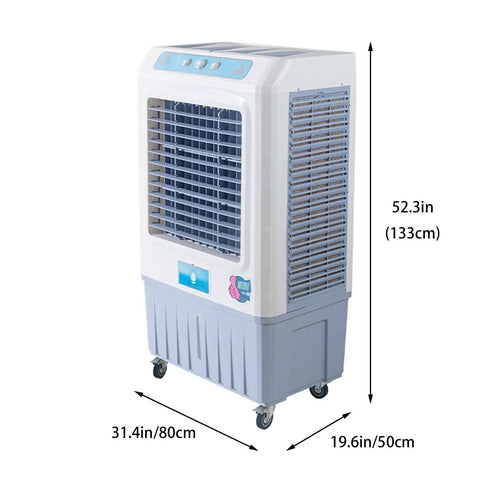 Portable Swamp Cooler With Three Speed Settings And Deep Water Tank Cooling Pad For Home Or Patio Use, 52.3in tall, energy efficient.