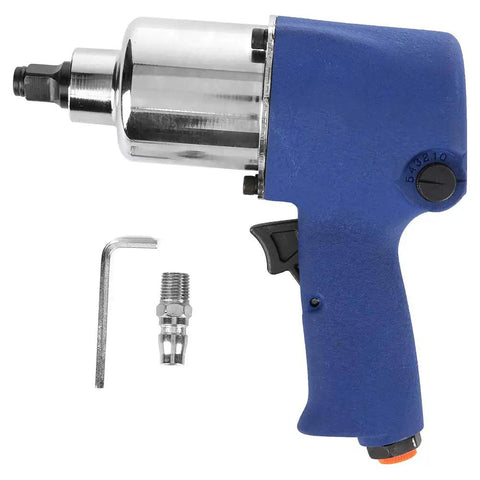 Industrial Pneumatic Impact Wrench With 5 Speed Control And Heavy Duty Performance For Garage Work, blue steel body with accessories.