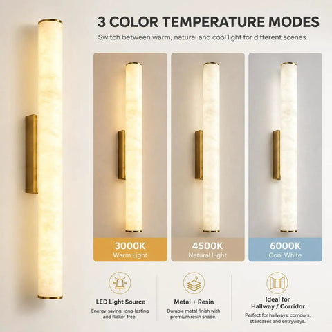 JCQASRT 19.69 in Modern Wall Sconce, 3-Color Changing LED Wall Light Fixture showcasing color temperature options: warm, natural, cool.