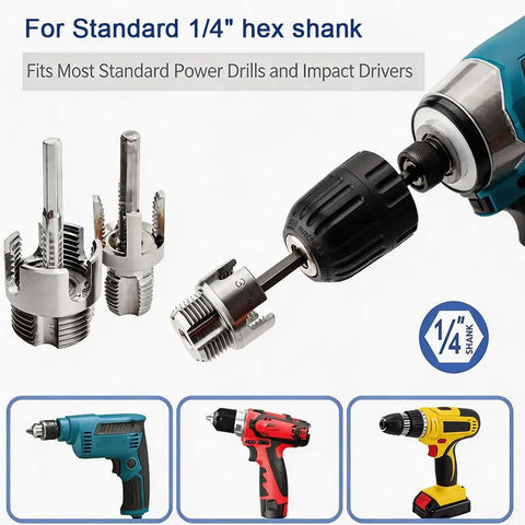 DGQ Heavy Duty Pipe Threading Tool Set With Three Piece Integrated Internal And External Thread Cutter Kit For One Half Inch Three Quarter Inch And One Inch Pvc Plastic Pipes Compatible With Electric Drill with 1/4-inch hex shank.