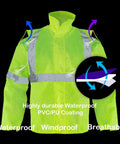 Hi Vis Reflective Rain Jacket And Pants Set For Men Waterproof Class 3 High Visibility Safety Rain Gear Raincoat shown with waterproof features.