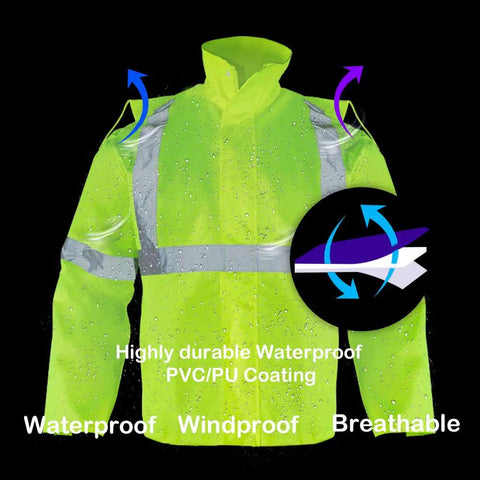 Hi Vis Reflective Rain Jacket And Pants Set For Men Waterproof Class 3 High Visibility Safety Rain Gear Raincoat shown with waterproof features.