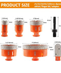 Pro Grade Diamond Core Drill Bits And Hole Saw Set With 5/8-11 Thread For Porcelain Tile Ceramic Granite Marble Stone Masonry Brick Includes 25mm, 35mm, 50mm, 65mm, 100mm Bits, 25mm Finger Bit And SDS Shank Adapter shown in orange with dimensions