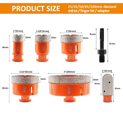 Pro Grade Diamond Core Drill Bits And Hole Saw Set With 5/8-11 Thread For Porcelain Tile Ceramic Granite Marble Stone Masonry Brick Includes 25mm, 35mm, 50mm, 65mm, 100mm Bits, 25mm Finger Bit And SDS Shank Adapter shown in orange with dimensions