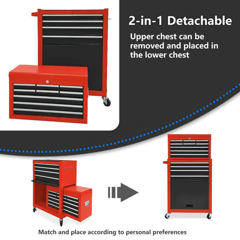 Heavy Duty Thirteen Drawer Rolling Tool Chest With Massive Mobile Storage Cabinet Secured Tight With Heavy Load Capacity Smooth Roll Quad Casters Built For Hardcore Garage Folks And Weekend Warriors Gear Storage Black And Red