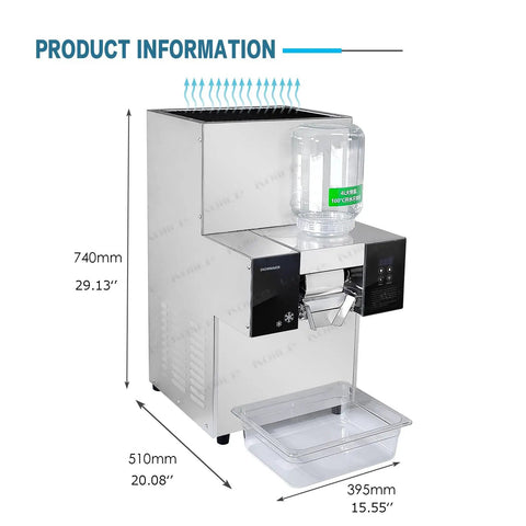 Heavy Duty Commercial Snowflake Ice Shaver Automatic Electric Flake Maker with water reservoir and collection tray.