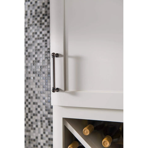 Kara Pull Serene Collection 3-3/4 Inch Center To Center Brushed Satin Nickel Finish on kitchen cabinet door.