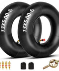 Inner Tube 13x5.00-6 For Razor Dirt Quad Go Kart ATV Yard Tractor Snow Blower Lawn Mower Pressure Washer Wheelbarrow 2 Pack Replacement 13x5-6 Tube Durable Heavy Duty For Tough Outdoor Use, showing two tubes with valves and accessories.