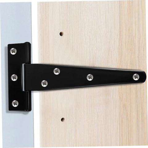 Close-up of Eight Pack 5 Inch Galvanized Black Tee Hinges for cabinets and shed doors, mounted on wood