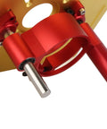 Heavy Duty Aluminum Router Lift For Top Shelf Woodworking Tables Featuring Smooth Manual Crank 0 To 47 Mm Height Adjustment and Boss Tier Clamping Base In Clean Gold Finish close-up of red clamping components.