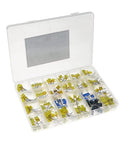 Film Box Capacitor Assortment Kit 240Pcs with metallized polyester capacitors, 1nF to 1uF, 24 values, in a clear organizer box.