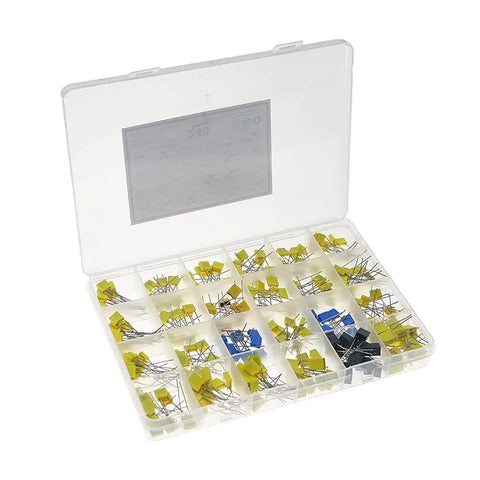 Film Box Capacitor Assortment Kit 240Pcs with metallized polyester capacitors, 1nF to 1uF, 24 values, in a clear organizer box.