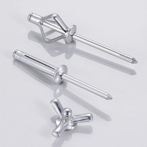 150 Pc Tri Fold Trim Rivets 3/16 X 1 Inch Black Aluminum Blind Rivets For Boat Kayak Setup showing aluminum rivets and a trifold fastener.