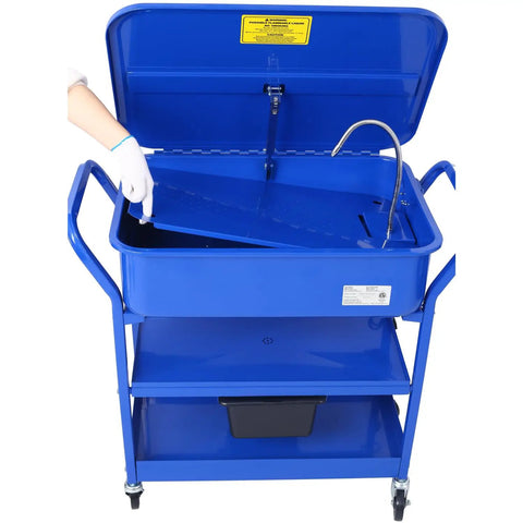 No-Nonsense Heavy Duty 20 Gallon Portable Parts Washer With Big Wheel Casters And Blazing 325 Gph Pump, Powder Coated Steel Shop Sink open with faucet.