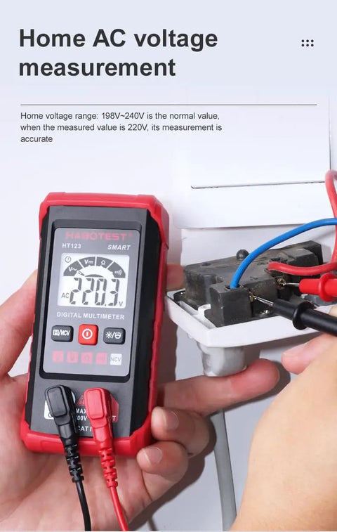 Person measuring AC voltage with Auto Ranging Digital Multimeter With Non Contact Voltage Tester Smart Measurement And Electrical Voltmeter For DIY Home Workshop Use Includes Probes And Battery Kit Red Great For Home Repairs And Pro Projects Handy For Quick DIY Fixes