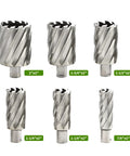 Heavy Duty 6 Piece Annular Cutter Set Spanning Seven Eighths To Two Inches With Three Quarter Inch Welded Shank Built Tough As Nails With M2Al High Speed Steel For Knocking Out Precise Metal Holes Without Breaking A Sweat, showcasing sizes and sharp teeth.