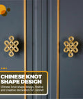 Chinese Knot Cabinet Pull Handle With Single Hole Design For Wardrobes Cabinets And Dressers, gold finish, installed on dark cabinet