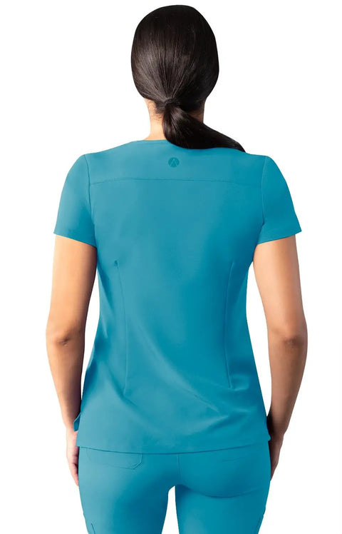 Back view of teal blue Fresh Fit V Neck Scrub Tops For Women All Day Comfy, designed for nurses and med students.