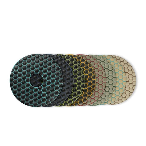 The New 3pc 6 Inch Diamond Polishing Pads For Granite Marble Concrete Grinding Dry Use Flexible Abrasive Wheels shown in various colors.