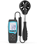 Handheld Wind Speed Meter With Sensor For Wind Velocity In Meters Per Second, Kilometers Per Hour, Miles Per Hour, Knots And Feet Per Minute, Also Tracks CFM Air Flow, Wind Temp And Humidity, Big Backlit Display For Outdoor Work And HVAC DIY; shown with extendable fan sensor and backlit display.