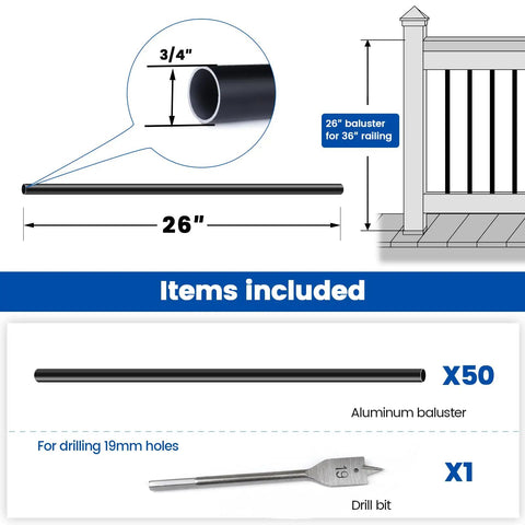 25 Pack 26 Inch Aluminum Deck Balusters Round Black Hollow Three Quarter Inch Diameter For Railing Fencing Porch And Stair Spindles Ideal For Wood Or Composite Decks, shown with measurements and included items.