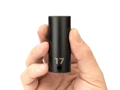 Deep 6-Point Impact Socket, Three-Eighths Inch Drive, Seventeen-Millimeter Deep Socket, High-Visibility Laser Markings held in hand