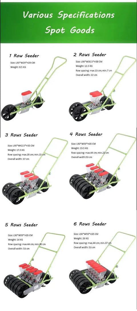 Various row seeders with specifications for Handheld Corn Planter And Garden Seeder For Precise Sowing, models 1-6 rows.