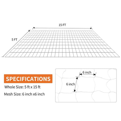 Diagram showing Heavy Duty Polyester Plant Trellis Netting 5 Ft By 15 Ft With 6 Inch Mesh Workhorse specifications