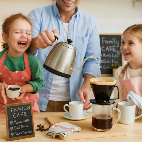 Family making coffee using Pour Over Coffee Filter Cone, Number 1 Size, Black, BPA Free Polypropylene, Reusable Portable Brew Buddy For 1 To 2 Servings.