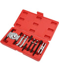 9 Pcs Bearing Puller Set For Garage Heroes Requiring Massive Torque To Yank Stuck Internal Bearings From Cars In A Flash Includes Box For Wheel Hub DIY Fixes And Keeping The Paper By Fixing It Yourself Down In The Garage. red plastic case with 9-piece bearing puller kit for wheel hub removal