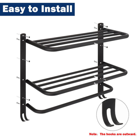 Foldable Double Towel Rack With Towel Bar And 5 Hooks Space Aluminum Wall Mount Shelf For Bathroom And Kitchen No Drill Easy Install