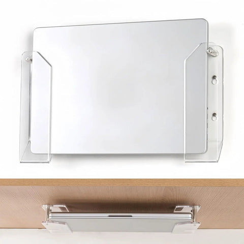 Acrylic Laptop Wall Mount, Zero Clutter Under Desk Stand, transparent with tight grip for tablets, ergonomic design.