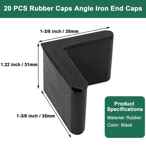 Rubber Angle Iron End Caps 20 Pack Black L Shaped Corner Protectors that grip tight, measuring 35mm x 31mm, for floor protection.