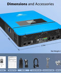 Side view of Powerhouse 10kW DC 48V Solar Inverter Charger With 2 MPPT Controllers, shown with dimensions and accessories.
