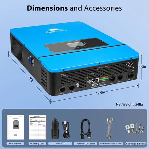 Side view of Powerhouse 10kW DC 48V Solar Inverter Charger With 2 MPPT Controllers, shown with dimensions and accessories.
