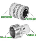 Stainless Steel Garden Hose Quick Connect Fittings Set Three Quarter Inch GHT Heavy Duty Quick Release Connectors For Hoses And Sprayers Five Pack Built To Last No Rust Corrosion Resistant Leak Proof Seal Easy On Quick Connect Design No Fuss Setup with 3/4 inch female, 3/4 inch male, 1/2 inch socket, and 1/2 inch plug visible