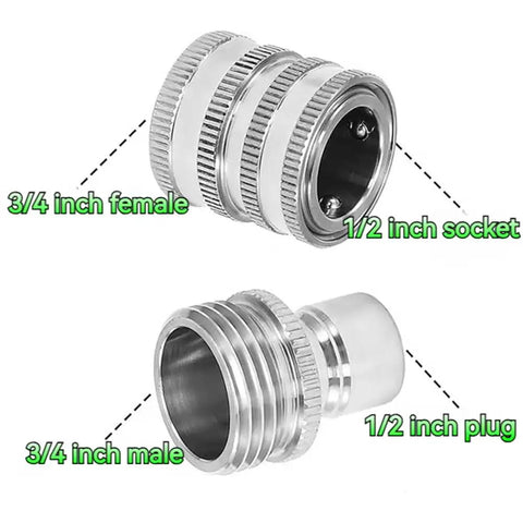 Stainless Steel Garden Hose Quick Connect Fittings Set Three Quarter Inch GHT Heavy Duty Quick Release Connectors For Hoses And Sprayers Five Pack Built To Last No Rust Corrosion Resistant Leak Proof Seal Easy On Quick Connect Design No Fuss Setup with 3/4 inch female, 3/4 inch male, 1/2 inch socket, and 1/2 inch plug visible