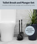 Heavy Duty Toilet Plunger And Cleaning Brush Set With Ergonomic Handles, Durable Bowl Brush next to toilet and plant