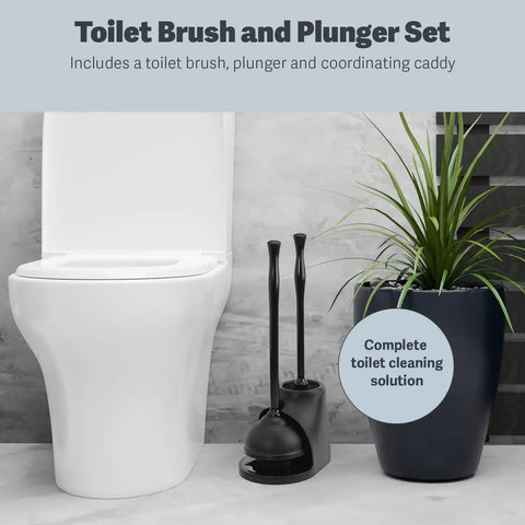 Heavy Duty Toilet Plunger And Cleaning Brush Set With Ergonomic Handles, Durable Bowl Brush next to toilet and plant
