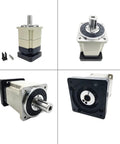 TOSEASTARS 10:1 planetary gearbox for 14mm shaft; beige housing, mounting flange, front, side, rear, mounted views.