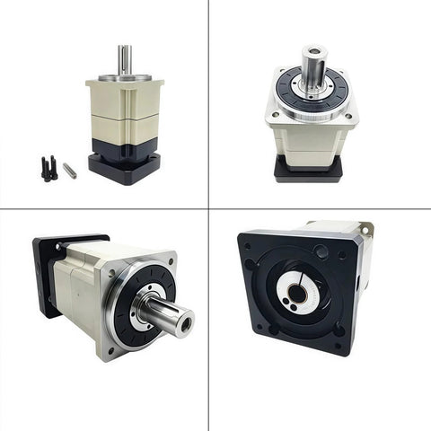 TOSEASTARS 10:1 planetary gearbox for 14mm shaft; beige housing, mounting flange, front, side, rear, mounted views.