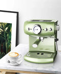 Fully Automatic And Semi Automatic Espresso Coffee Machine With Retro Design For Home Or Small Biz Pump Driven Strong Steam And Milk Froth Green Color Easy Auto And Manual Modes Great For Lattes Cappuccinos And More on kitchen counter