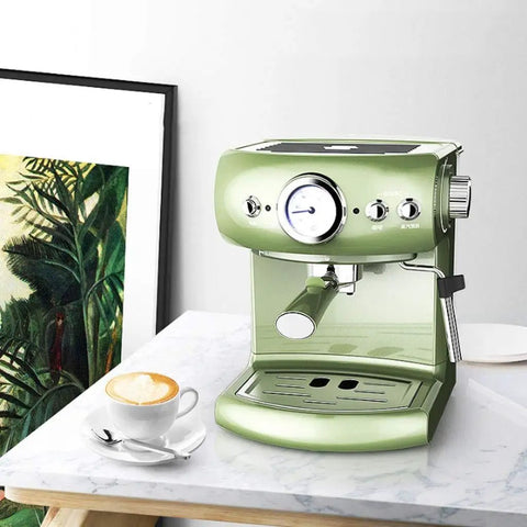 Fully Automatic And Semi Automatic Espresso Coffee Machine With Retro Design For Home Or Small Biz Pump Driven Strong Steam And Milk Froth Green Color Easy Auto And Manual Modes Great For Lattes Cappuccinos And More on kitchen counter