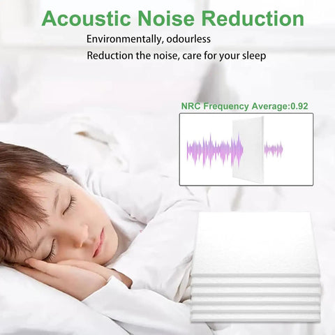 Sleeping child beside 12 Pack Soundproof Acoustic Wall Panels With Strong Adhesive Backing Textured Polyester Fiber Noise Reduction Tiles For Home Studio Bedroom Setup Snag Peaceful Vibes Right Now.