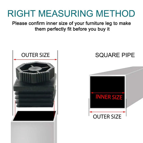 Square 40mm By 40mm Leveling Feet Inserts For Sofa Legs Adjustable Furniture Levelers Set showing measuring instructions.