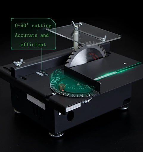 Compact Electric Mini Table Saw Hella Tough Woodworking Bench Solid Desktop Powerhouse With Adjustable Speed And Precision Angle Adjustment showcasing 0-90° cutting with precision features.