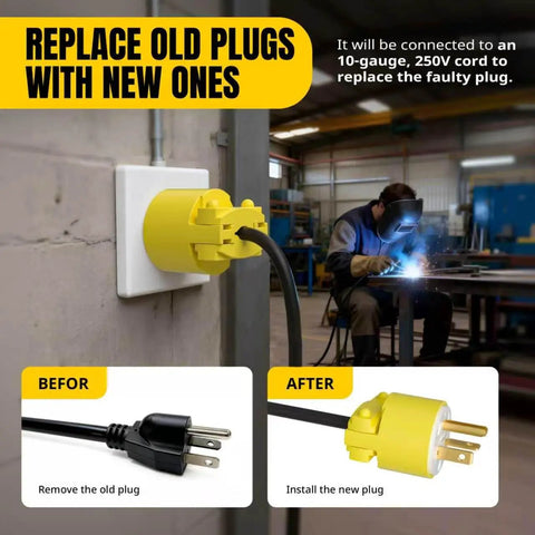 Yellow Replacement Plug And Socket Set For NEMA 6-20P And NEMA 6-20R, 250V 20A, 4 Piece Heavy Duty ABS Housing With Copper Contacts And Nylon PVC Insulation